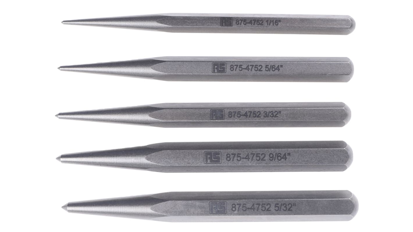 RS PRO 5Piece Punch Set, Centre Punch, 1/16 → 5/32 in Shank RS