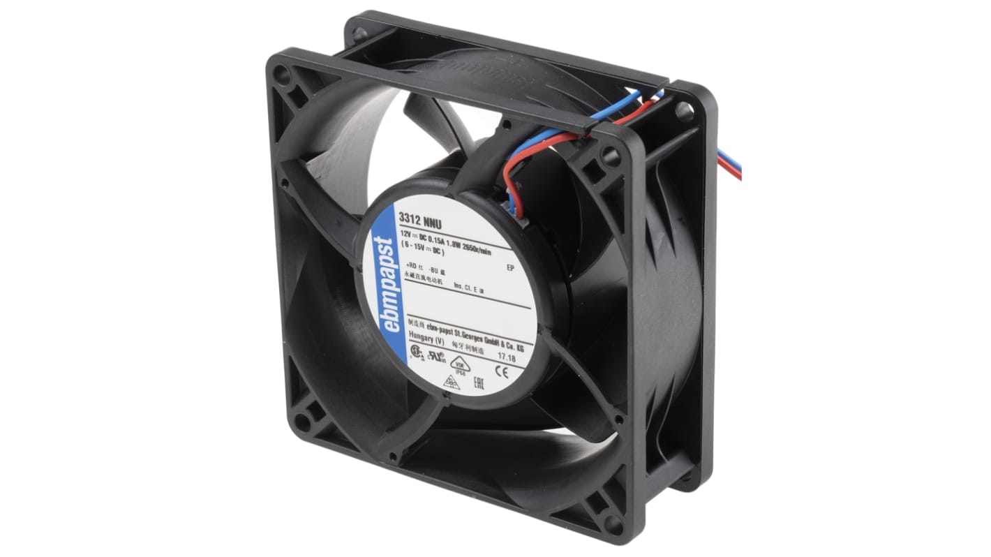 Ventilador Axial ebm-papst 3300 N - S-Panther de 92 x 92 x 32mm, 12 V dc, 1.8W, 2650rpm, caudal 80m³/h, 35dB, IP68