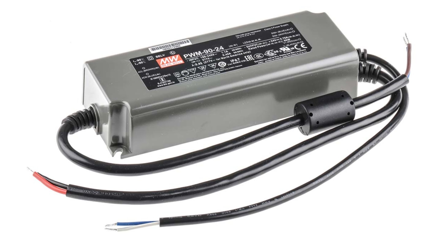 Driver LED tensión constante MEAN WELL PWM-90 de salidas, IN: 127 → 431 V dc, 90 → 305 V ac, OUT: 24V,