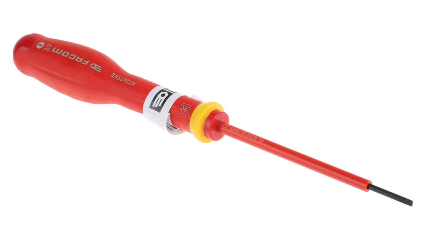 Facom Slotted Insulated Screwdriver, 2 mm Tip, 75 mm Blade, VDE/1000V, 170 mm Overall