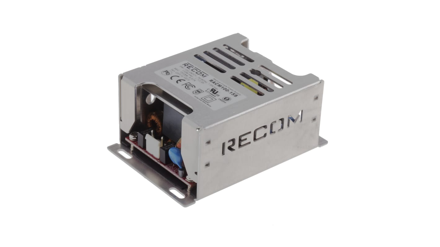Fuente de alimentación conmutada Recom serie RACM100, 15V dc, 6.67A, 100W, 1 salida, para uso médico, Montaje en panel