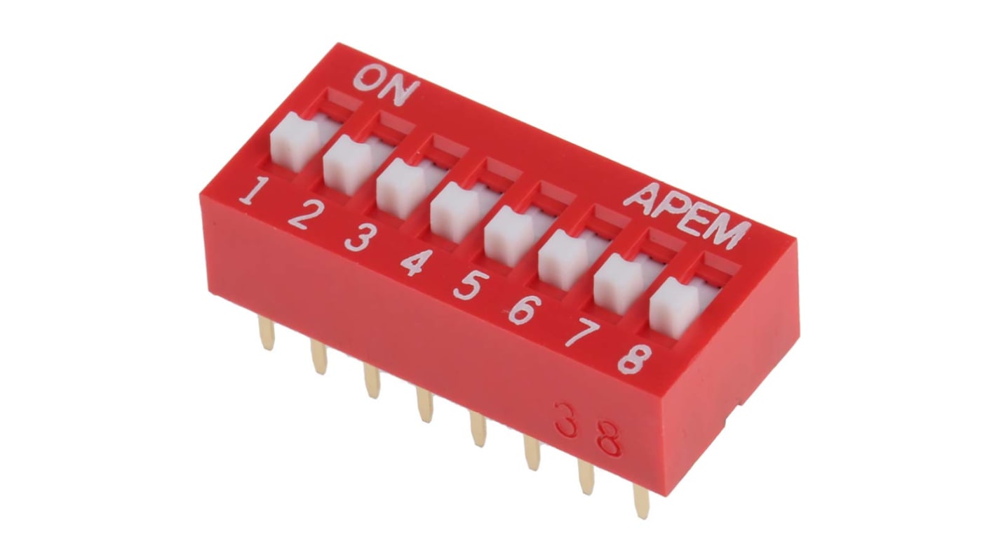 Interruptor DIP, SPST, Montaje en orificio pasante, Actuador Elevado, 25 mA, 8 vías, -40 → +85°C