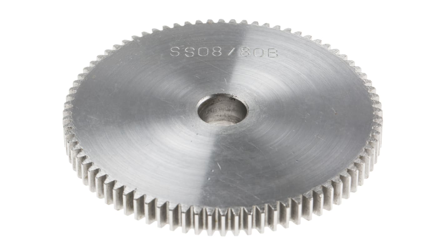 RS PRO Steel 80 Teeth Spur Gear, 0.8 Module, 10mm Bore Diam, 64mm Pitch Diam, 22mm Hub Diam