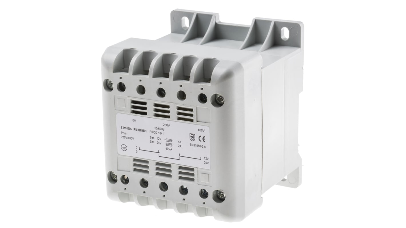 RS PRO 40VA DIN Rail Transformer, IEC 61558-2-6, 400V ac Primary, 12V ac Secondary