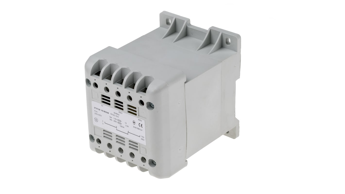 DIN-skinnetransformer, 100VA, Primær: 400V ac, Sekundær: 115V ac, 106 x 90 x 107mm