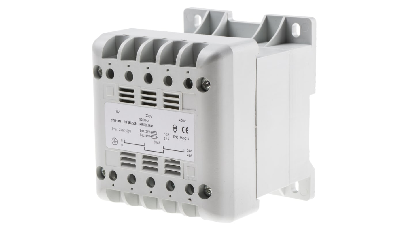 RS PRO 63VA DIN Rail Transformer, IEC 61558-2-6, 400V ac Primary, 24V ac Secondary