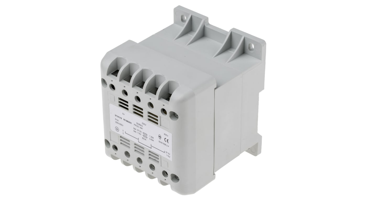 DIN-skinnetransformer, 63VA, Primær: 400V ac, Sekundær: 57.5V ac, 106 x 90 x 87mm