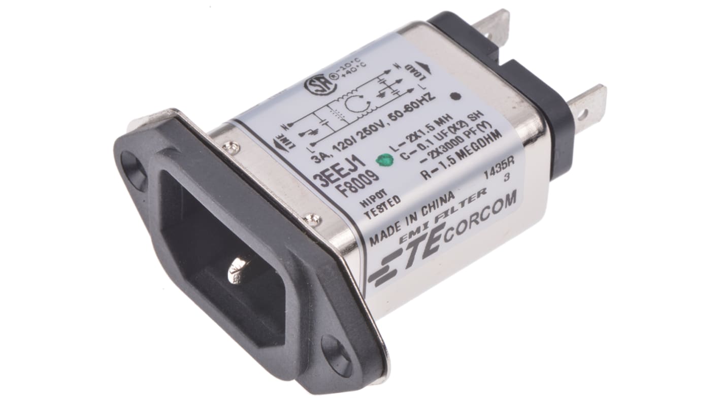 TE Connectivity 3A, 250 V ac Male Flange Mount IEC Filter 6609006-5, Spade None Fuse