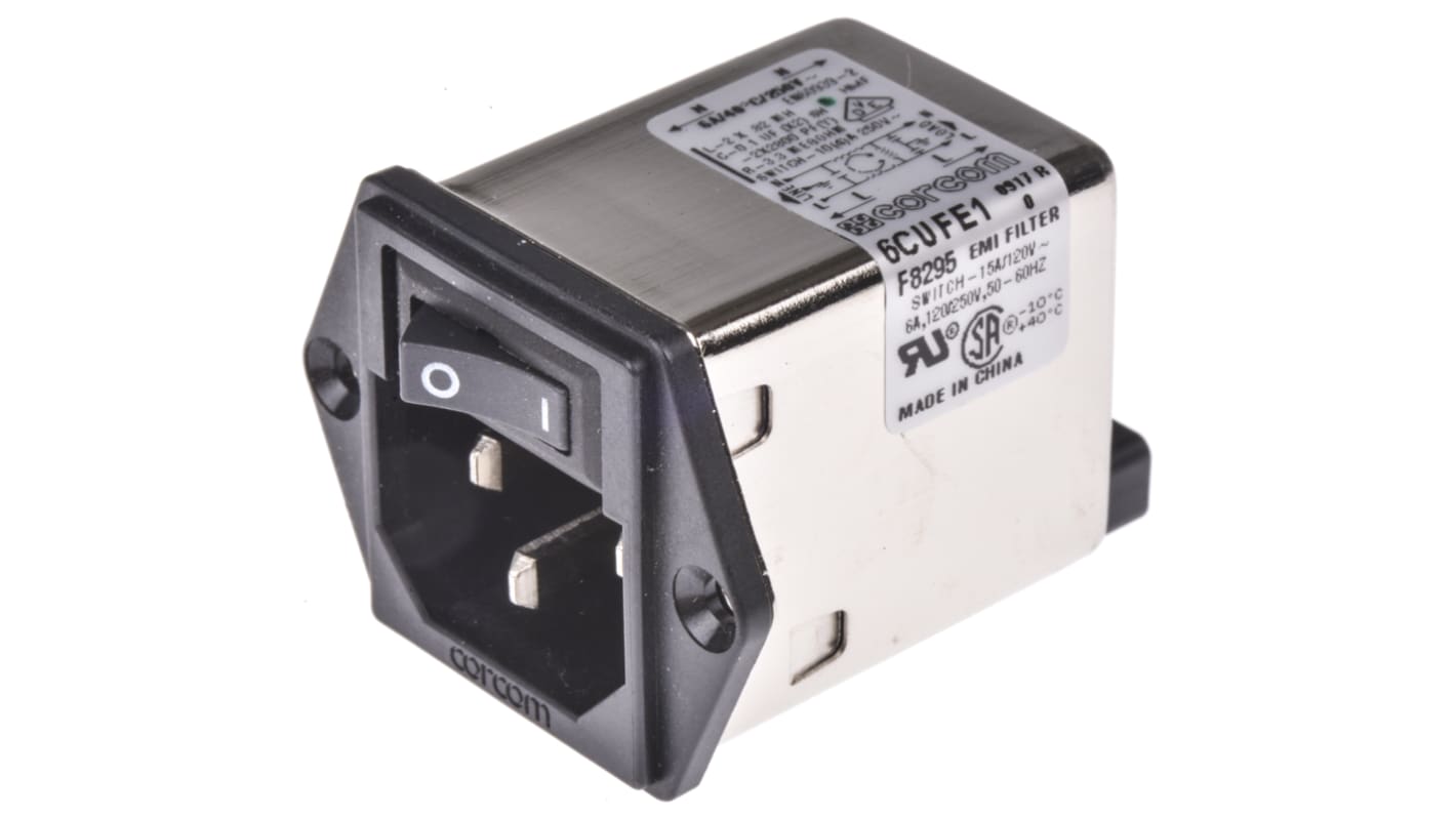 Filtr IEC, Samec C14, Montáž příruby, Plochý, 6A, 120 V AC, 250 V AC, 50/60Hz