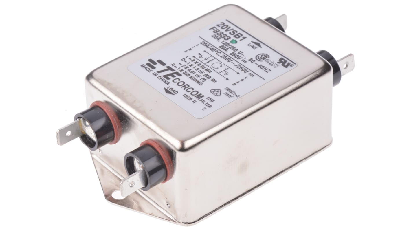 Filtro RFI TE Connectivity 1.005 μF, 19.9nF, 20A, 250 V ac, 50Hz 1,1 mH, Montaje con Reborde, con terminales Faston