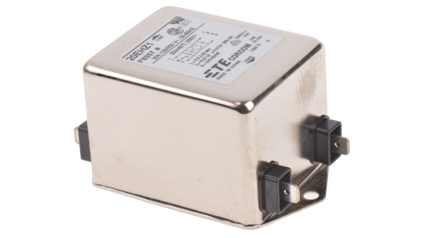 Filtr EMI 20A 1-fazowy 470kΩ 250 V AC 50 → 60Hz 4,55 mH TE Connectivity Montaż kołnierzowy