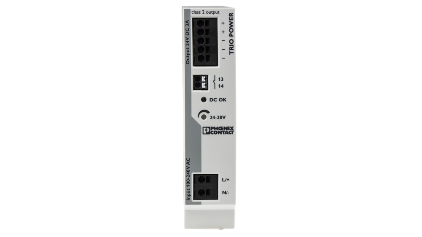 Phoenix Contact TRIO-PS-2G/1AC/24DC/3/C2LPS Switched Mode DIN Rail Power Supply, 85 → 264V ac ac Input, 24V dc