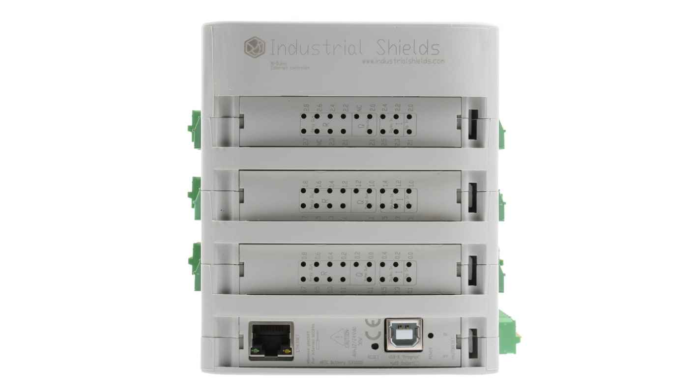 Industrial Shields PLC CPU, M-Duino, 49 I/O Porte, Ethernet, ModBus, Programkapacitet 256 (8 bruges af bootloader) kB