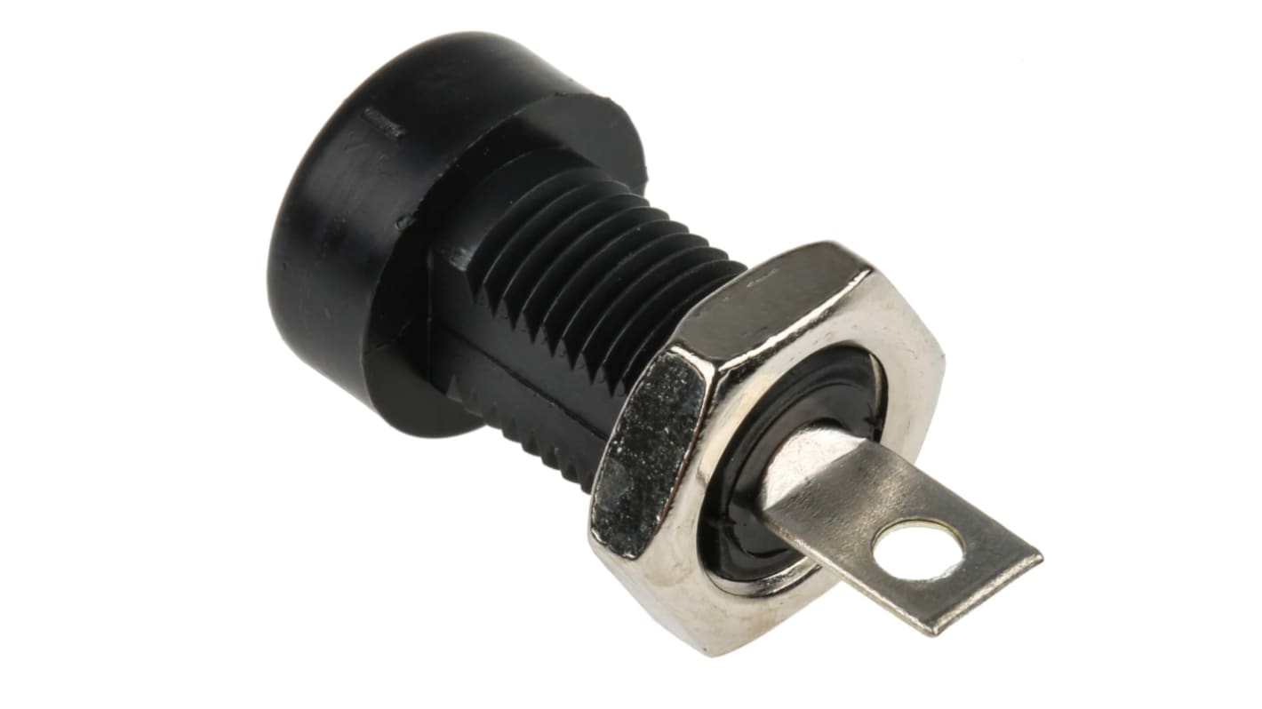 Cinch Connectors Banán-csatlakozó 4 mm, Anya, 15A, 3500V, Fekete, 23.83mm, lezárás: Forrasztott Banánaljzat