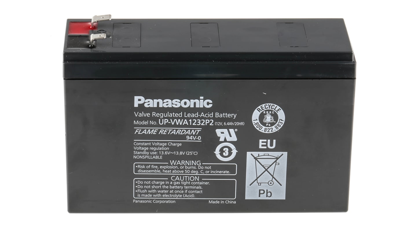 Panasonic Abgedichteter Bleiakku, 12V / 6.4Ah, Faston F2-Anschluss, 151 x 51 x 100mm