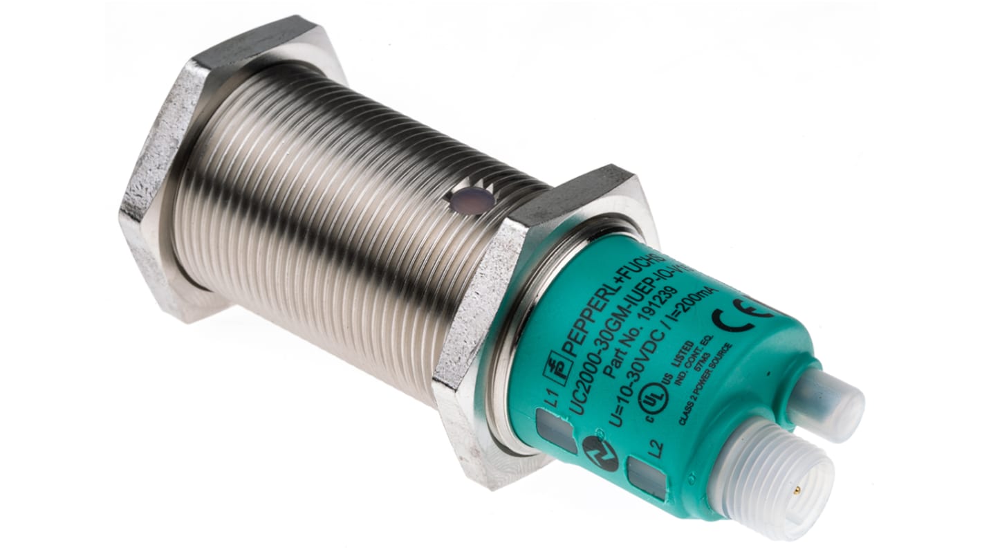 Pepperl + Fuchs Ultrasonic Barrel-Style Proximity Sensor, M30 x 1.5, 90 → 2000 mm Detection, Analogue, Push-Pull