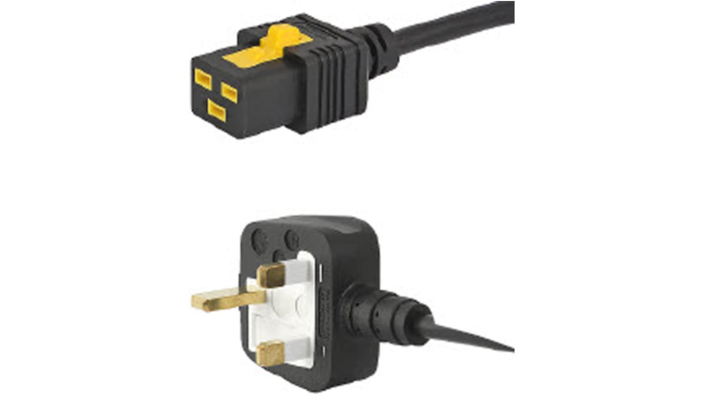 Napájecí kabel 2m, Černá, A: IEC C19, B: Zástrčka pro Velkou Británii typu G, 13 A, 125 V AC (CSA), 125 V AC (UL), 250