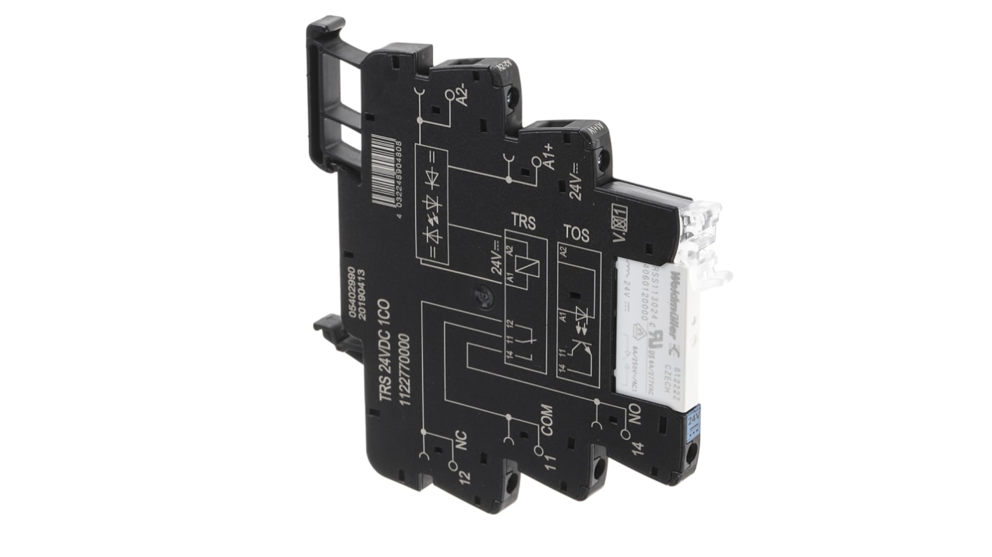 Weidmüller DIN-skinne 1 polet Interfacerelæ, 24V spole, 6A, 250V ac, kontaktkonfiguration: 1-polet skifte