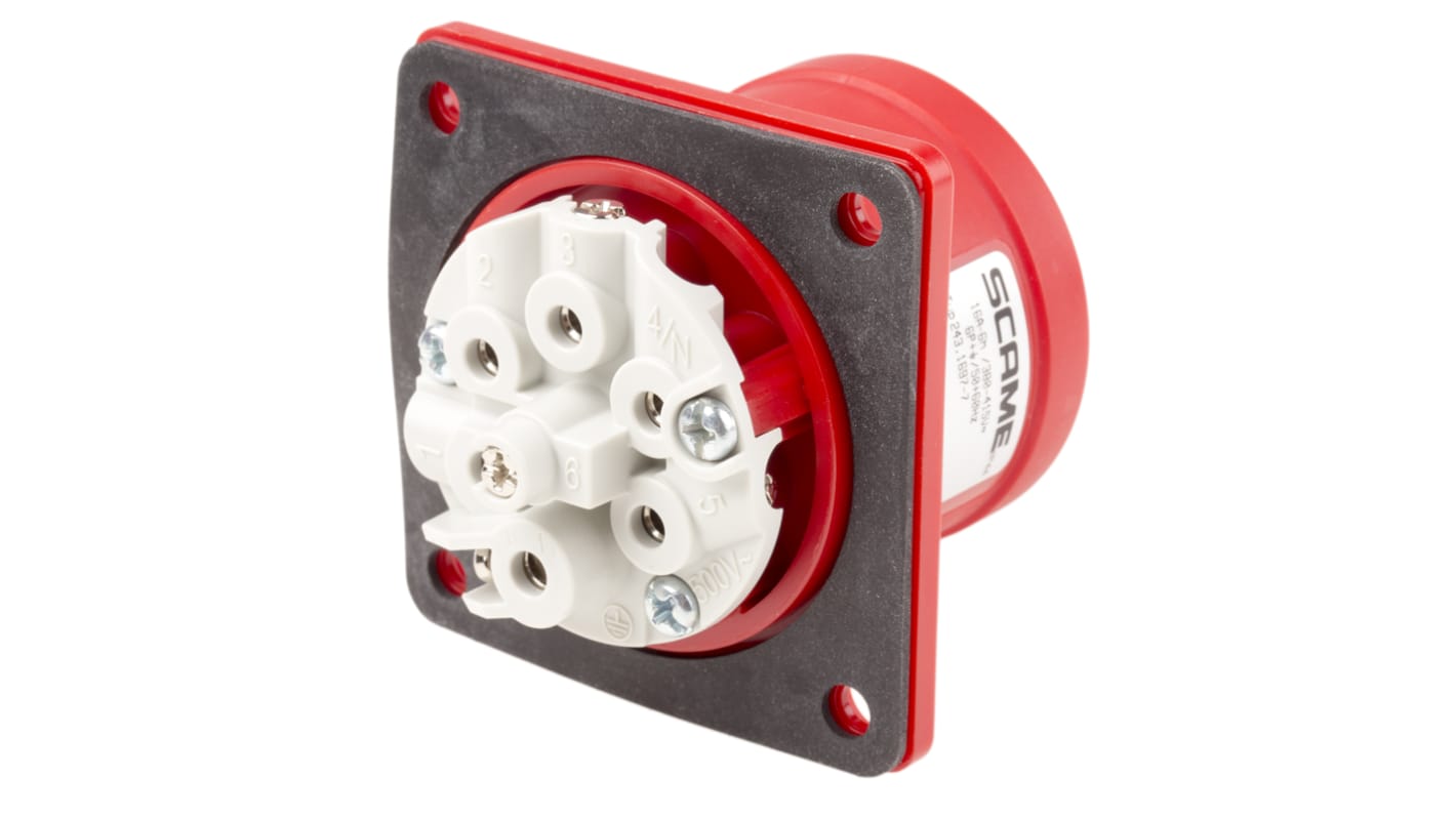 Scame, Optima Seven IP44 Red Panel Mount 6P+E Industrial Power Plug, Rated At 16A, 415 V