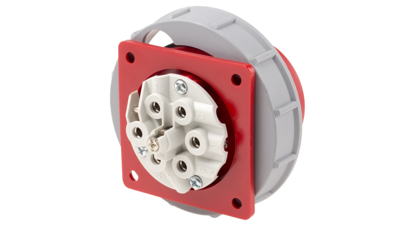 Scame, Optima Seven IP66, IP67 Red Panel Mount 6P+E Industrial Power Socket, Rated At 32.0A, 415.0 V
