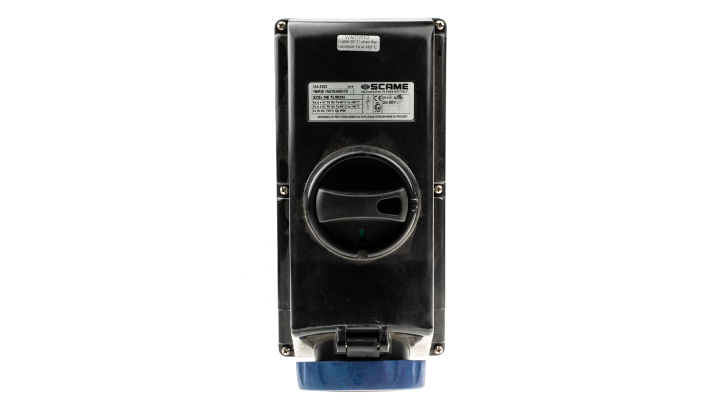 Conector de potencia Hembra, Formato 2P + E, Azul, 200 → 250 V., 32A, IP66