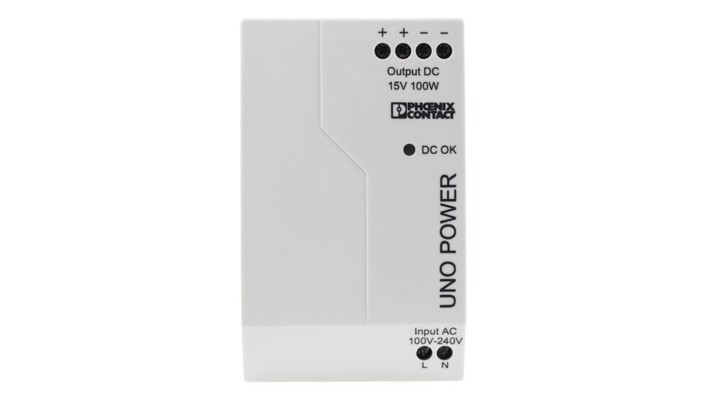 Phoenix Contact UNO-PS/1AC/15DC/100W Switch Mode DIN Rail Power Supply, 85 → 264V ac ac Input, 15V dc dc Output,