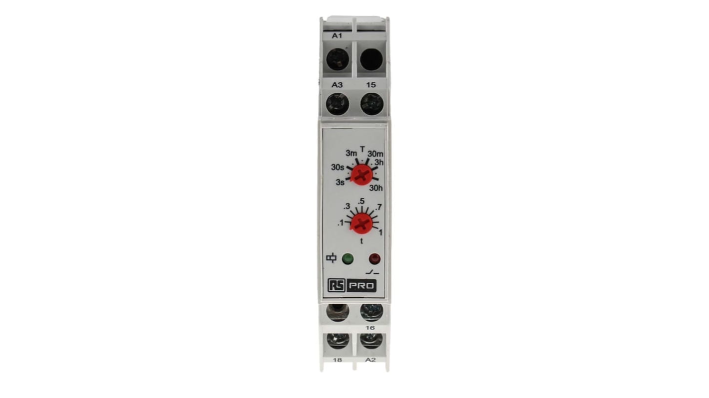 RS PRO DIN Rail Mount Timer Relay, 24V ac, 1-Contact, 0.3 s → 30h, 1-Function, SPDT