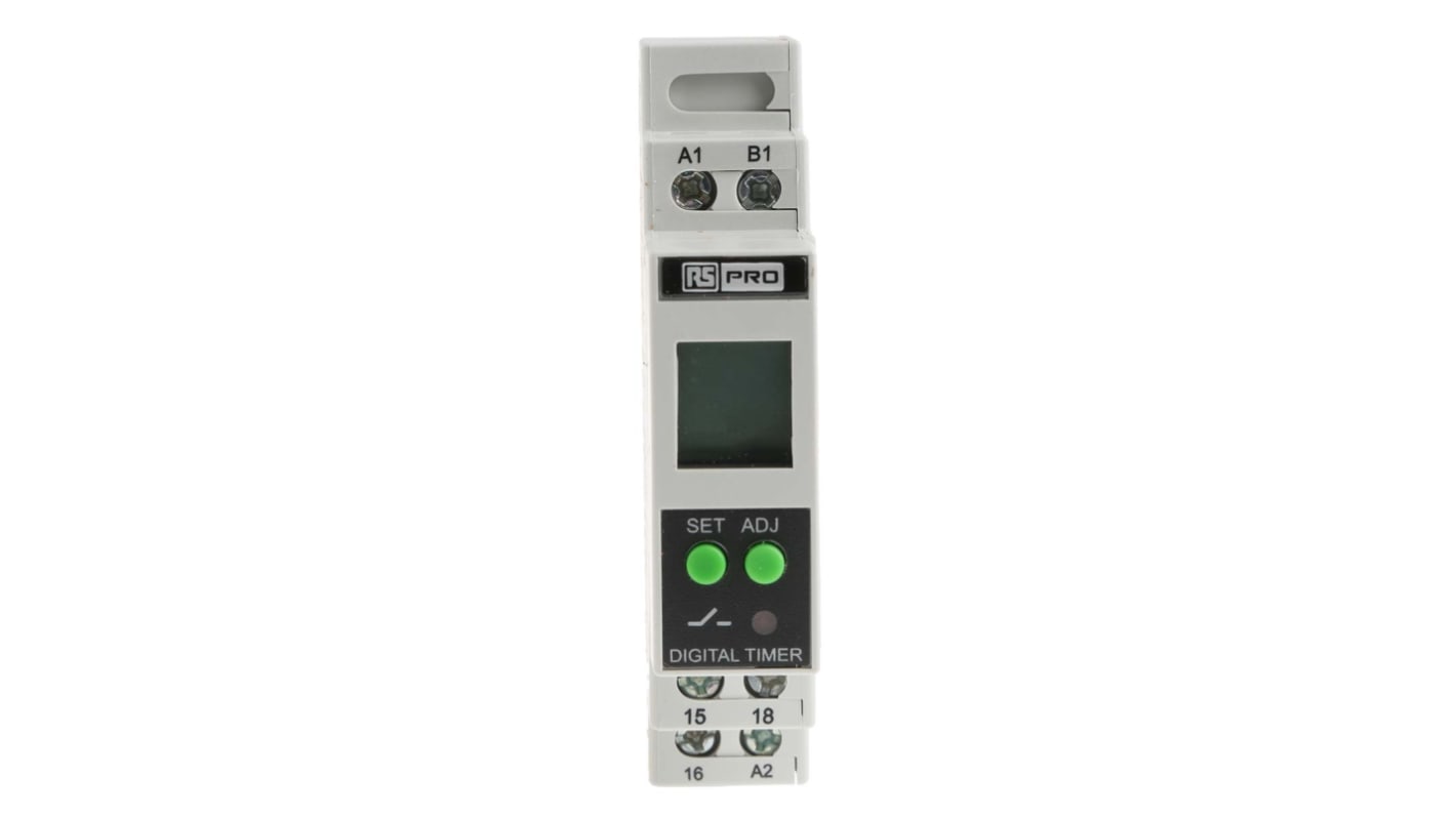 RS PRO DIN Rail Mount Timer Relay, 24 → 240V ac/dc, 1-Contact, 01. s → 999h, SPDT