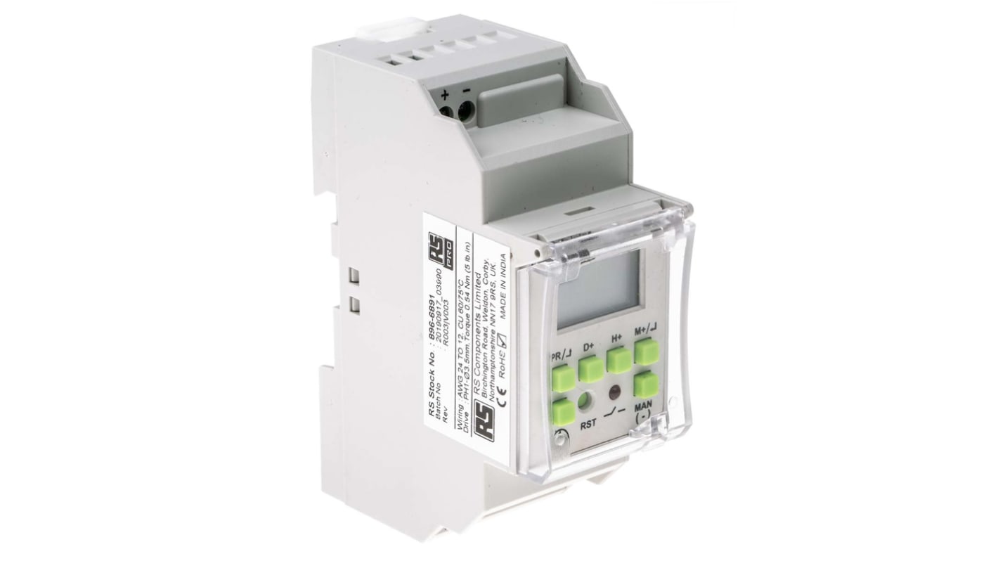 RS PRO Digital DIN Rail Time Switch 12 V dc, 1-Channel