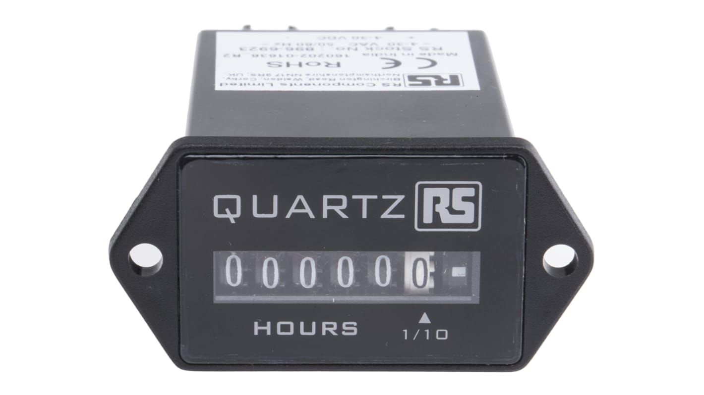 RS PRO Hour Meter Counter, 6 Digit, 50Hz, 4 → 30 V ac/dc