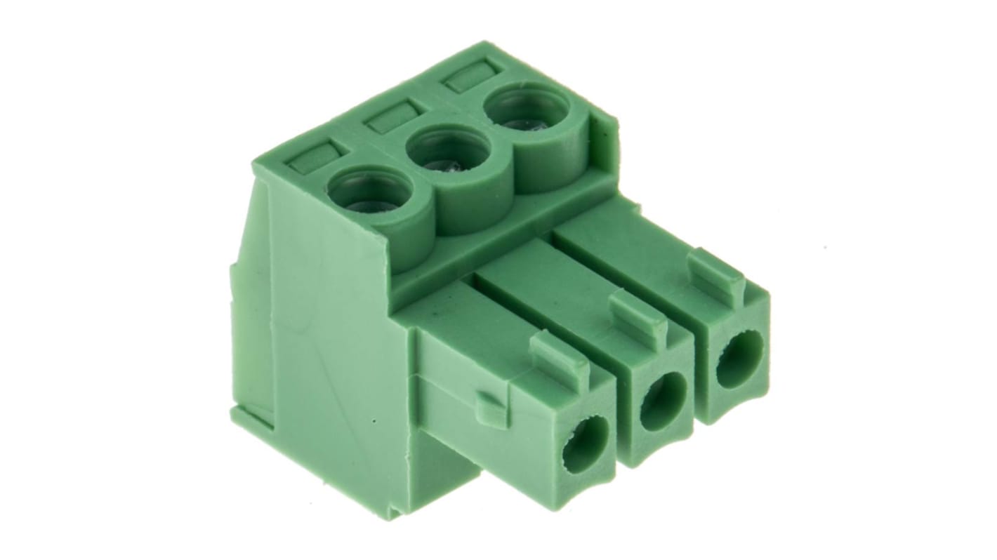 Bloque de terminal PCB Hembra a 90° RS PRO de 3 vías, paso 3.5mm, 10A, de color Verde, montaje Montaje en orificio