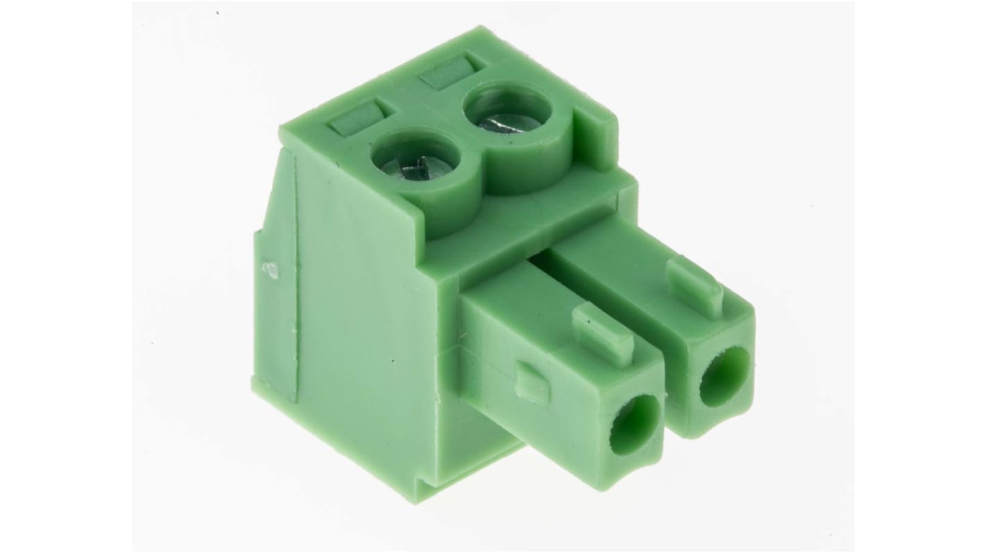 Bloque de terminal PCB Hembra a 90° RS PRO de 2 vías, paso 3.81mm, 8A, de color Verde, montaje Montaje en orificio