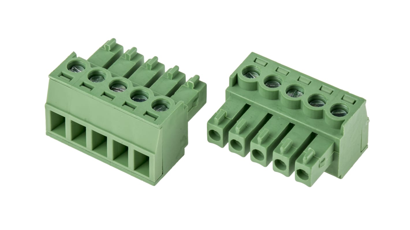 Bloque de terminal PCB Hembra a 90° RS PRO de 5 vías, paso 3.81mm, 8A, de color Verde, montaje Montaje en orificio