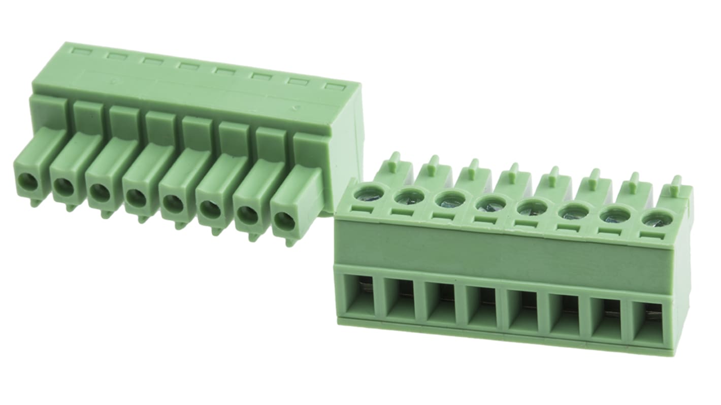 Bloque de terminal PCB Hembra a 90° RS PRO de 8 vías, paso 3.81mm, 8A, de color Verde, montaje Montaje en orificio