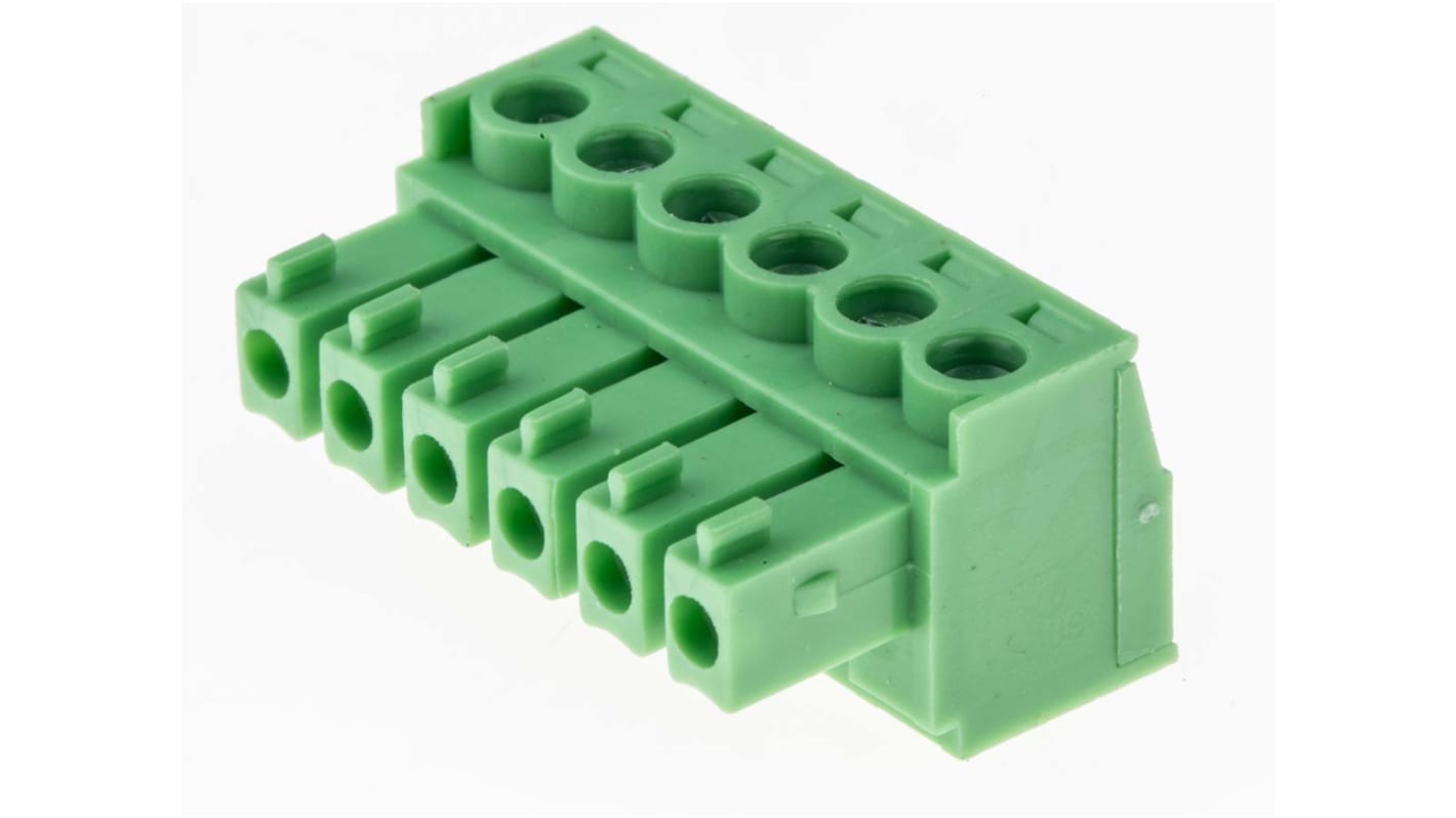 Bloque de terminal PCB Hembra Ángulo recto RS PRO de 6 vías, paso 3.81mm, 8A, de color Verde, montaje Montaje en