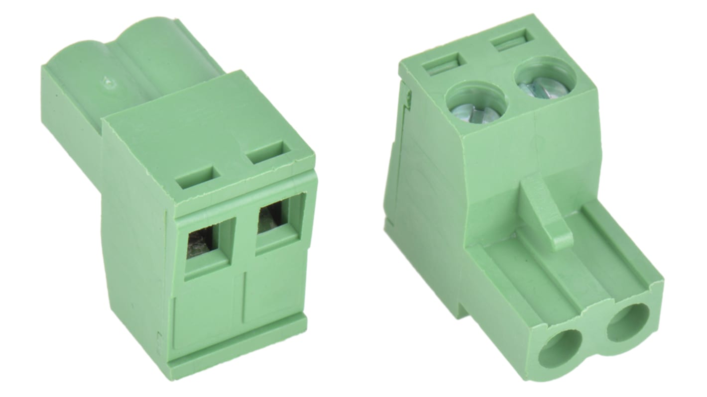 Bloque de terminal PCB Hembra a 90° RS PRO de 2 vías, paso 5mm, 15A, de color Verde, montaje Montaje en orificio