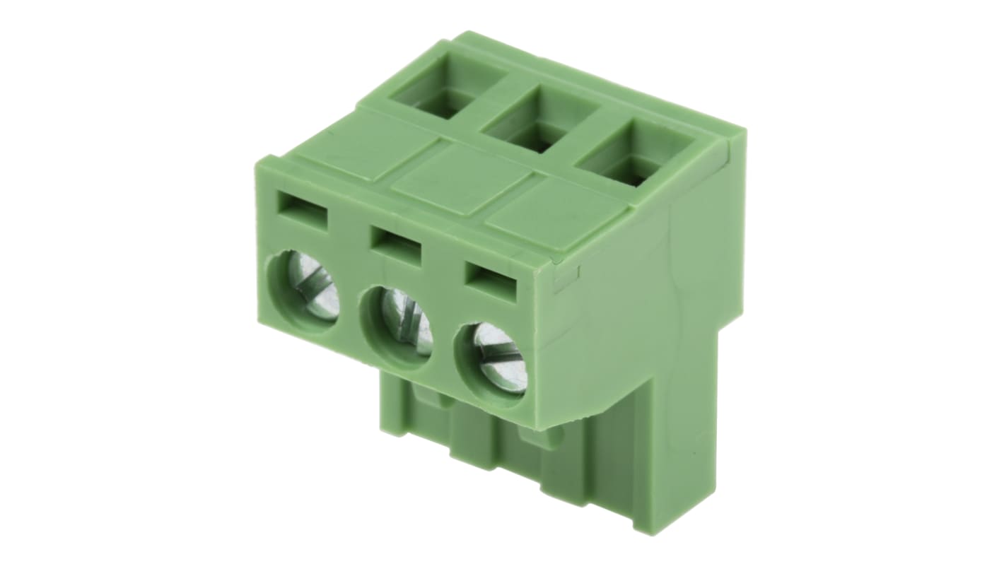 Bloque de terminal PCB Hembra a 90° RS PRO de 3 vías, paso 5mm, 15A, de color Verde, montaje Montaje en orificio