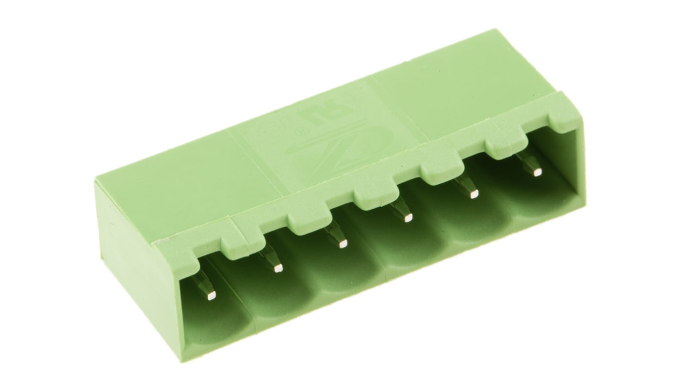 Bloque de terminal PCB Ángulo de 90° RS PRO de 6 vías, 1 fila, paso 5.0mm, para soldar, Orificio Pasante