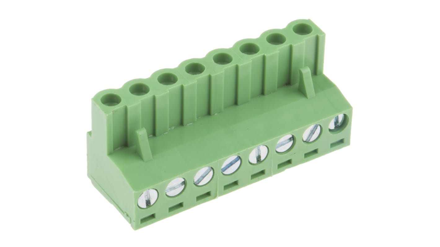 Bloque de terminal PCB Hembra a 90° RS PRO de 8 vías, paso 5.08mm, 15A, de color Verde, montaje Montaje en orificio