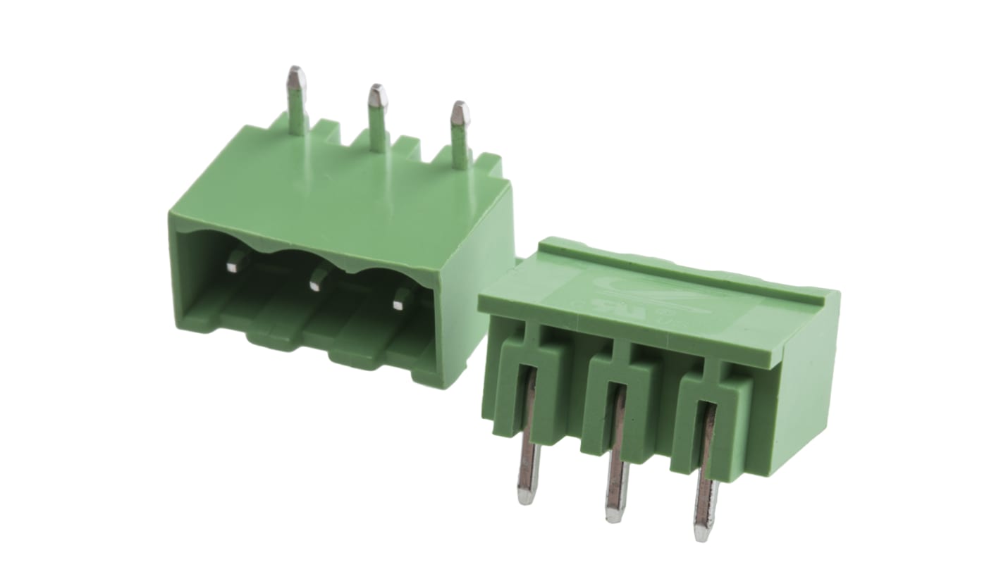 Bloque de terminal PCB Ángulo de 90° RS PRO de 3 vías, 1 fila, paso 5.08mm, para soldar, Orificio Pasante