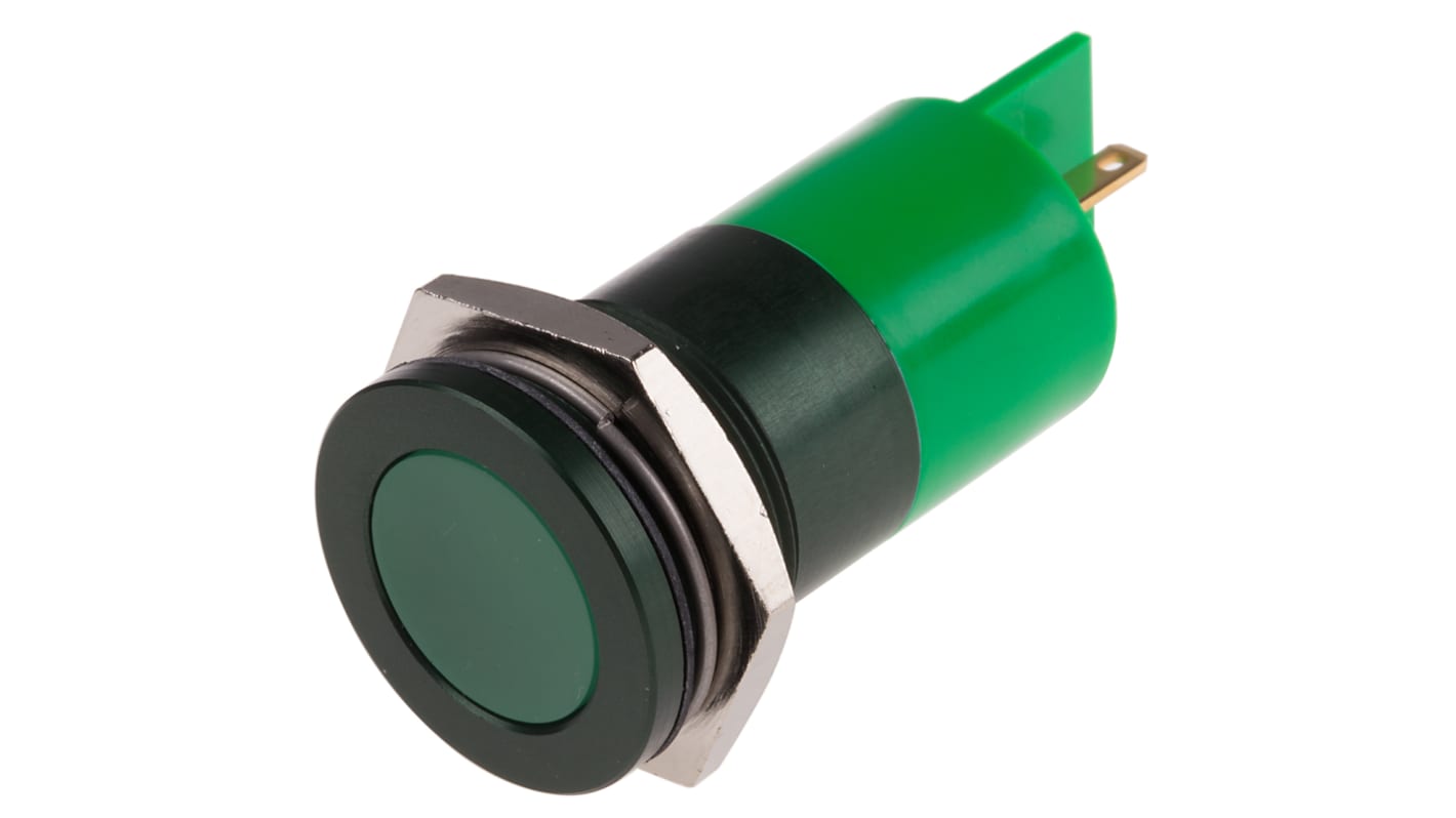 Indicador LED RS PRO, Verde, lente enrasada, marco Verde, Ø montaje 22mm, 40mA, 980mcd, IP67