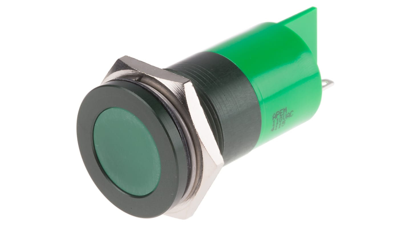 RS PRO Green Panel Mount Indicator, 110V ac, 22mm Mounting Hole Size, Faston, Solder Lug Termination, IP67