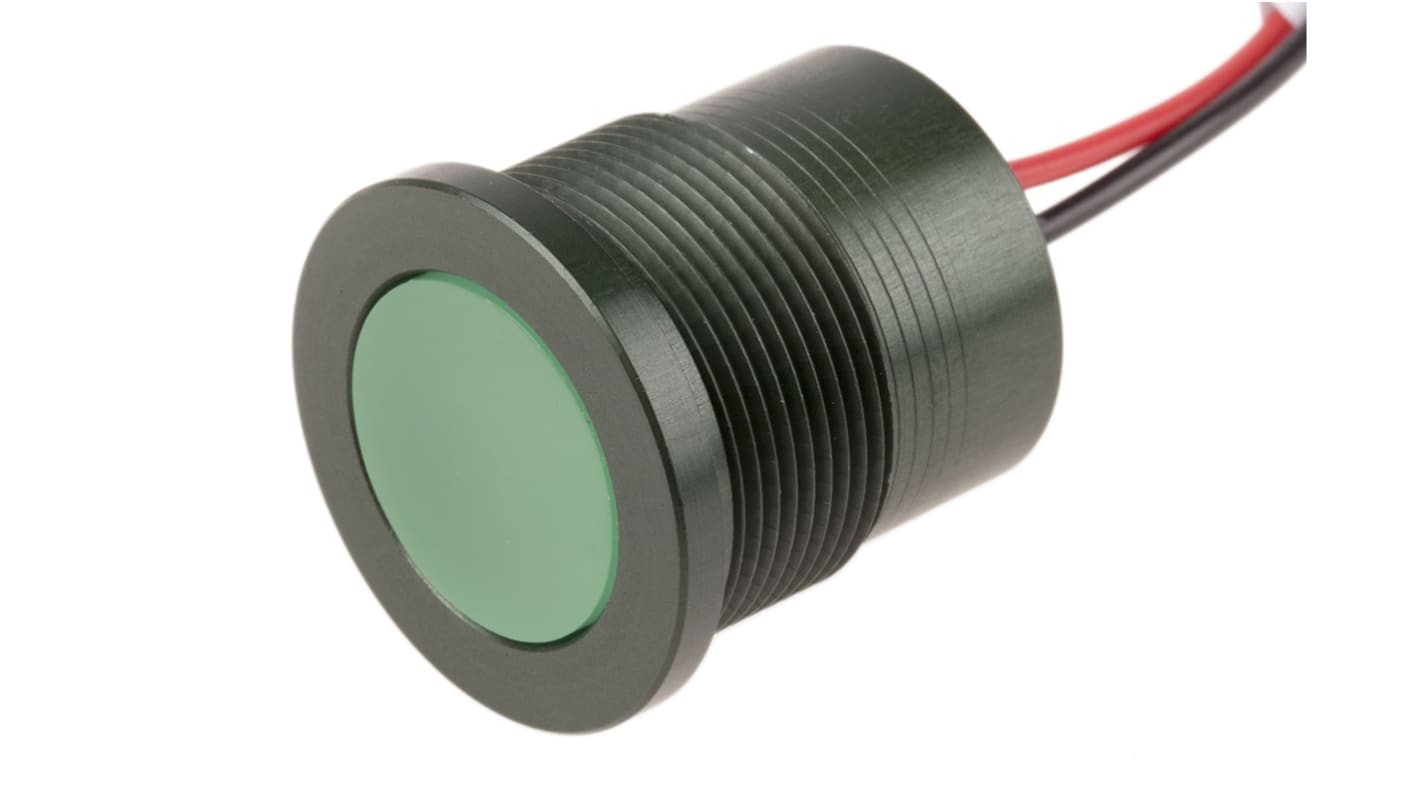 RS PRO Green Panel Mount Indicator, 12V, 22mm Mounting Hole Size, Lead Wires Termination, IP67