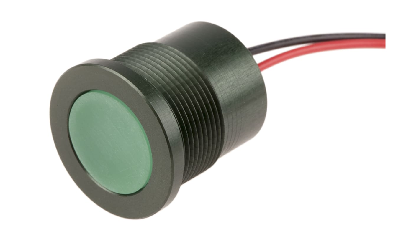 Indikátor 22mm Zapuštěné barva Zelená, typ žárovky: LED Olověné dráty, 28V RS PRO