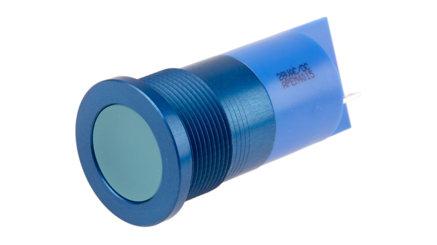 RS PRO Blue Panel Mount Indicator, 28V, 22mm Mounting Hole Size, Faston, Solder Lug Termination, IP67