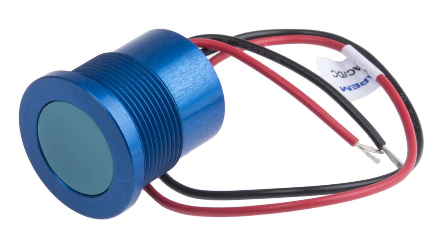 RS PRO Blue Panel Mount Indicator, 12V, 22mm Mounting Hole Size, Lead Wires Termination, IP67