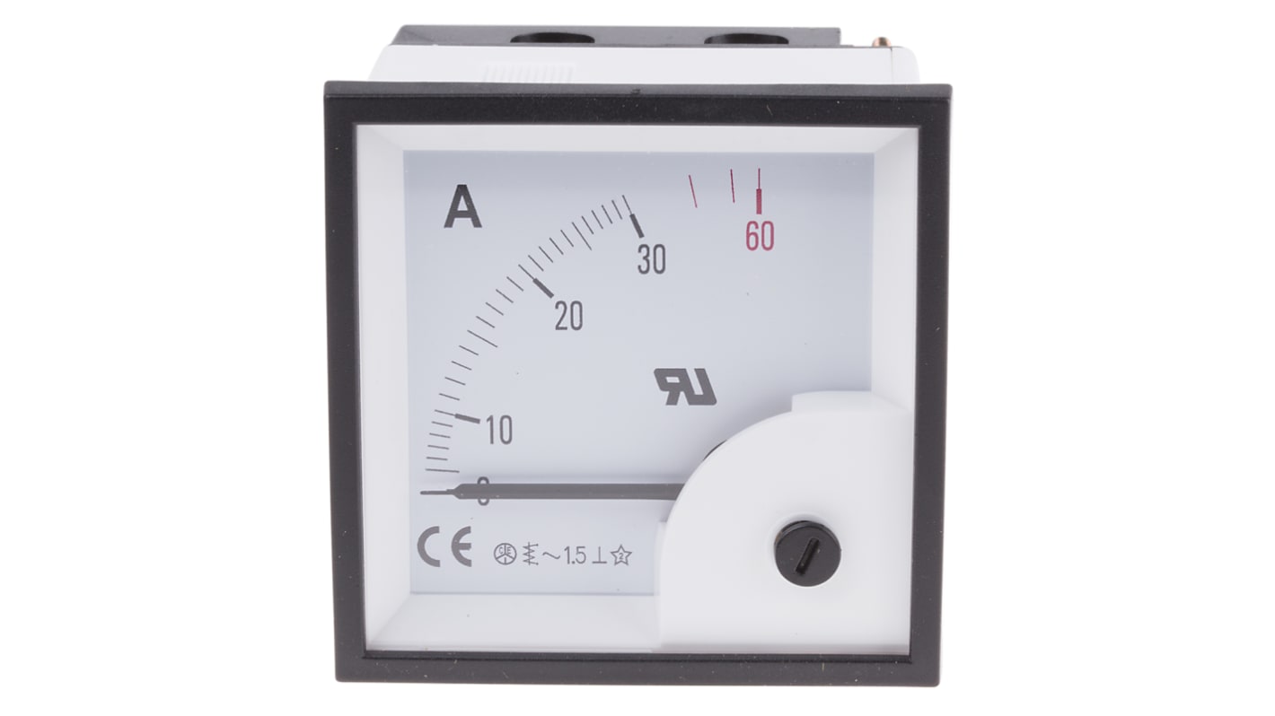 Amperomierz analogowy panelowy AC zakres 0 → 60A wysokość wycięcia: 68mm wartość 30A ±1,5% +50°C RS PRO