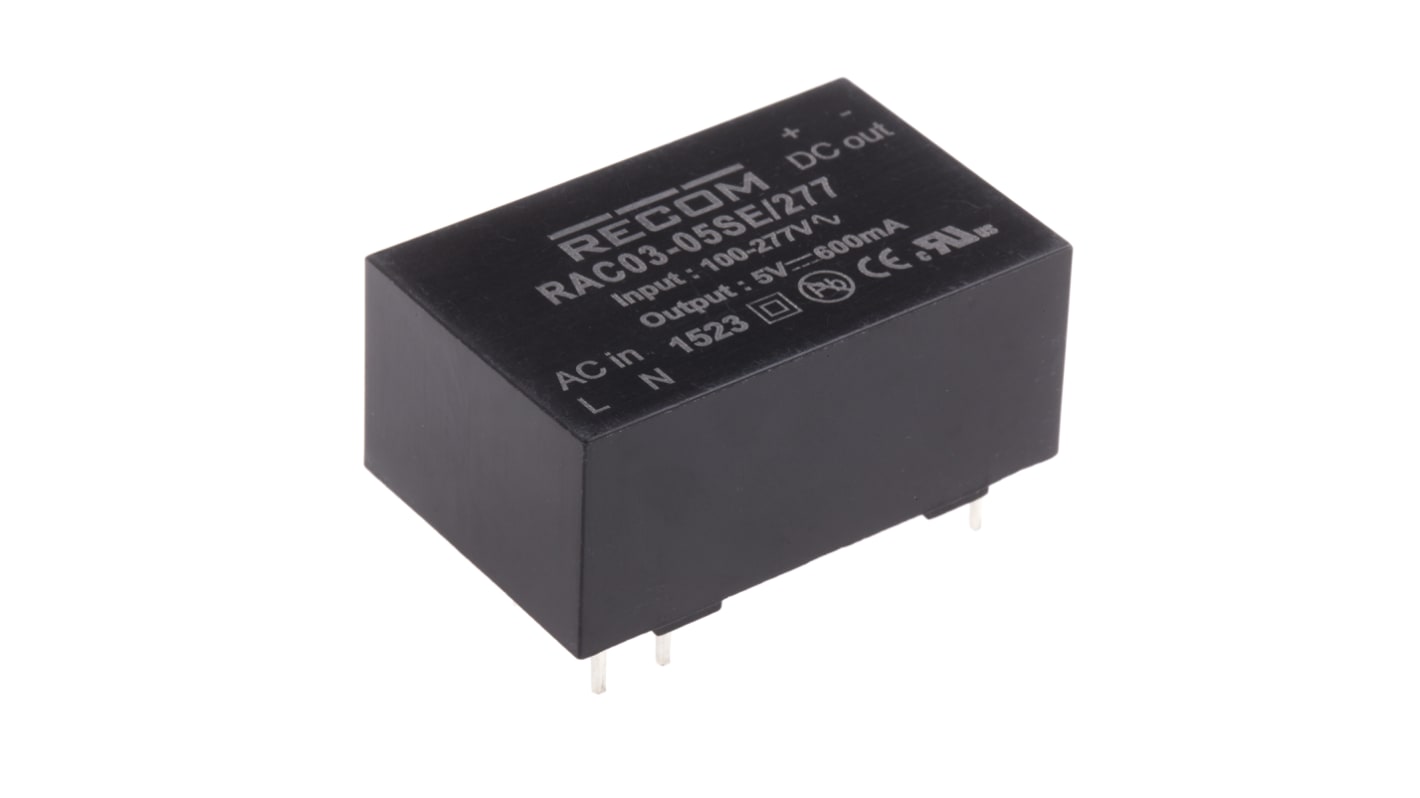 Recom RAC03-SE/277 Schaltnetzteil, 5V dc / 600mA 3W 120 → 430 V dc, 85 → 305 V ac Gekapselt,