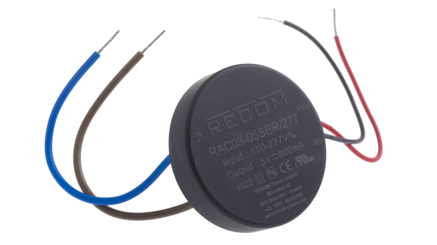 Recom RAC03-SER/277 Schaltnetzteil, 5V dc / 600mA 3W 120 → 430 V dc, 85 → 305 V ac Gekapselt,