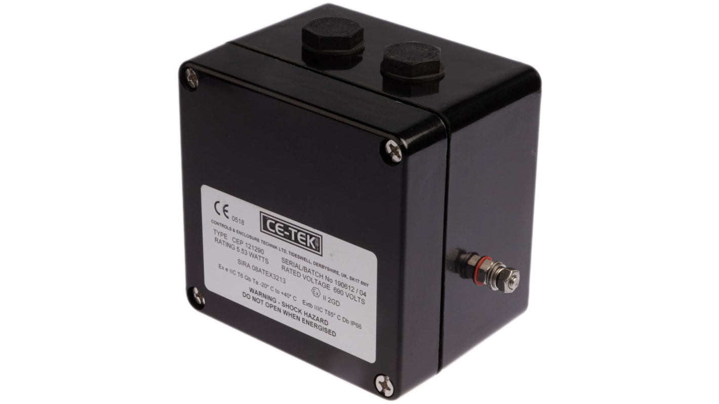 CE-TEK CEP Series Black Polyester Junction Box, IP66, 10 Terminals, ATEX, 122 x 120 x 90mm